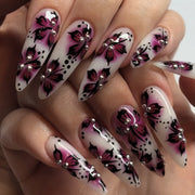 Pink Peach Blossom Polka Dot Lace Gauze Gold Ring Bead Rhinestone Finished False Nail Wearable Press on Nails Manicure Fake Nail