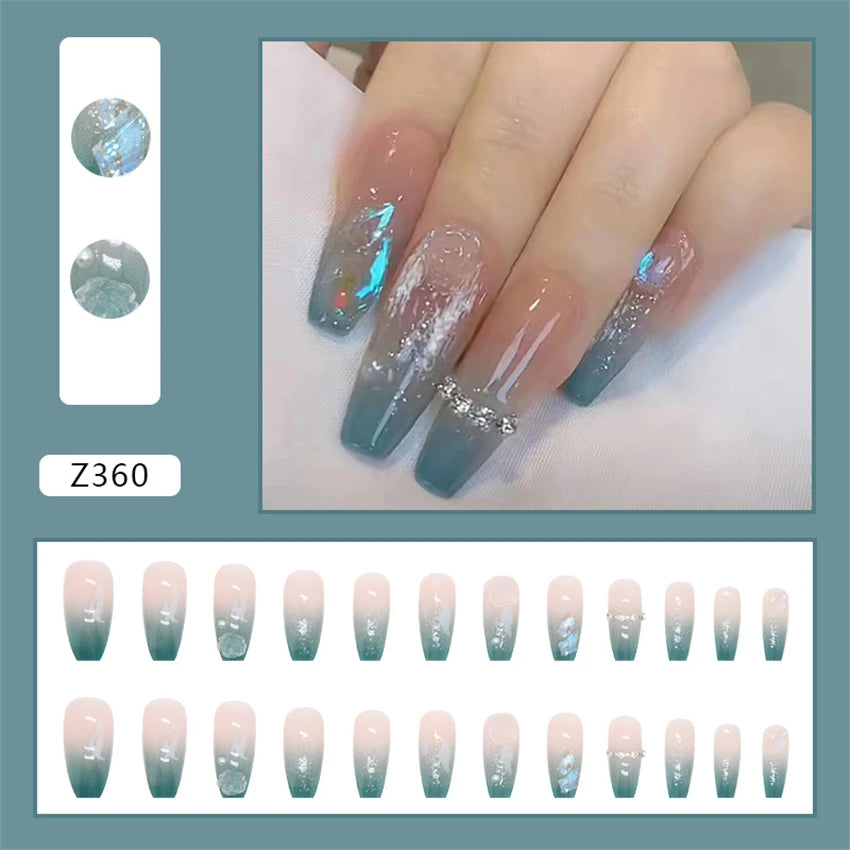24Pcs/Set Wearing Short Fake Nails for Girls Press on Nail Tips Full Cover Acrylic with Diamonds False Nails Art Free Shipping