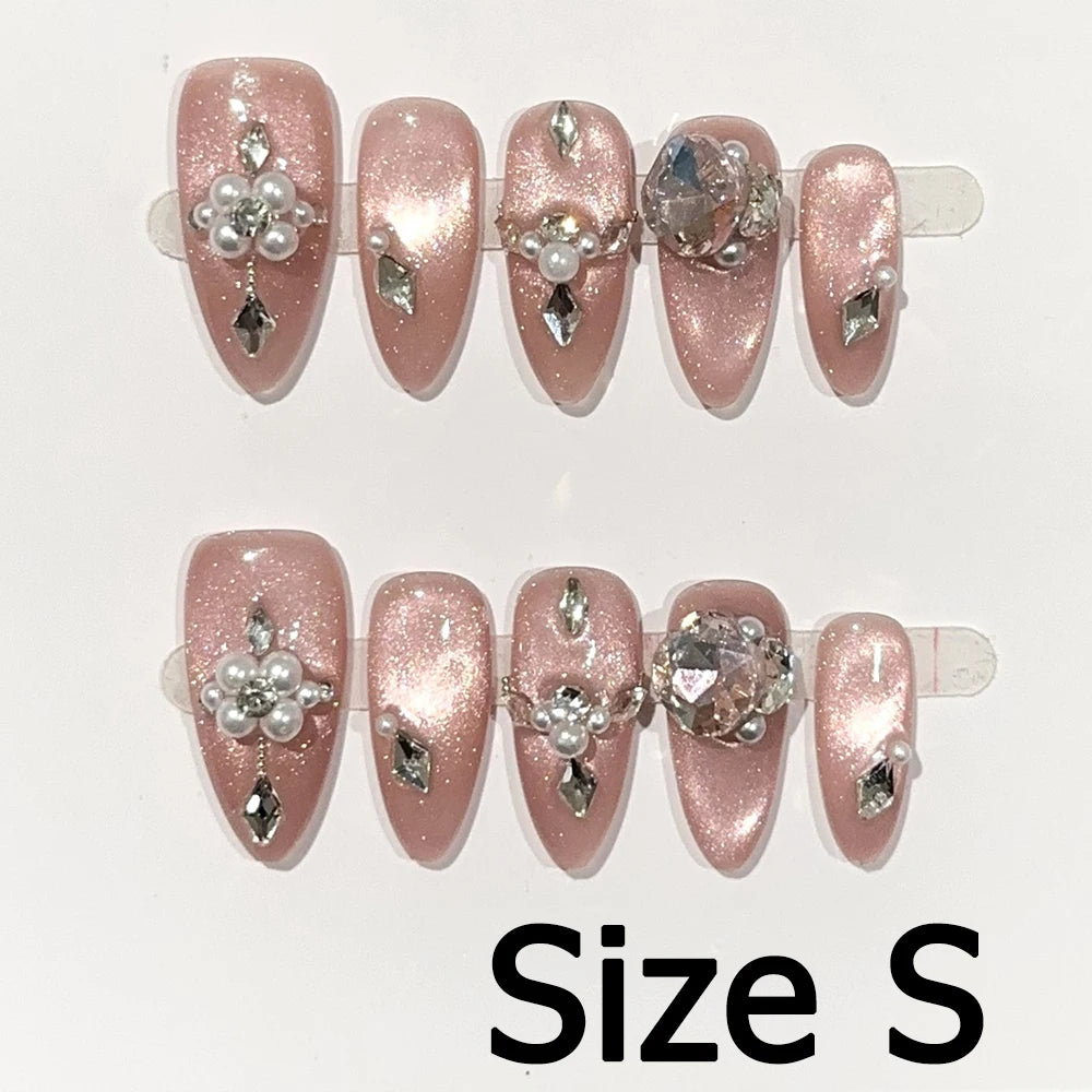 Handmade Almond Nail Art Silver Cat Eye Ink Wash Marble Sparkly Piled Rhinestone Black Chic False Nails Reusable Press on Nails