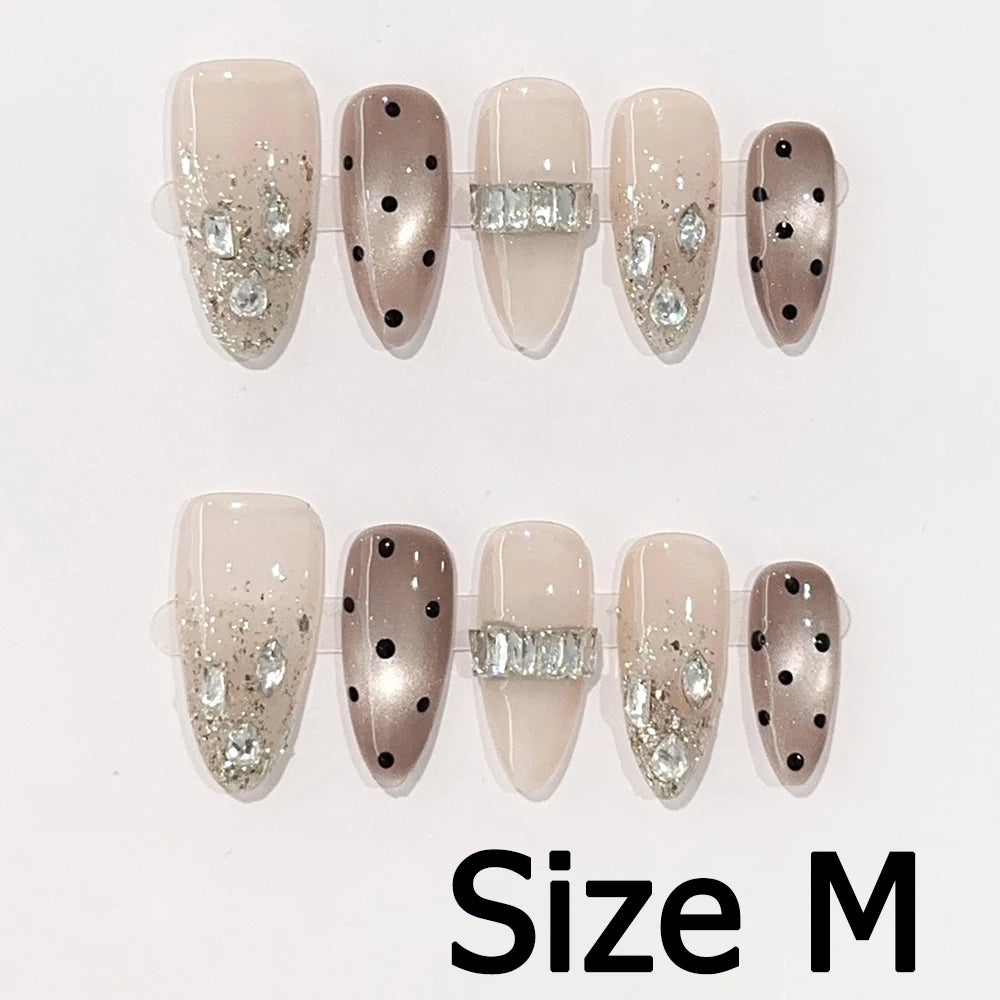 Handmade Almond Nail Art Silver Cat Eye Ink Wash Marble Sparkly Piled Rhinestone Black Chic False Nails Reusable Press on Nails