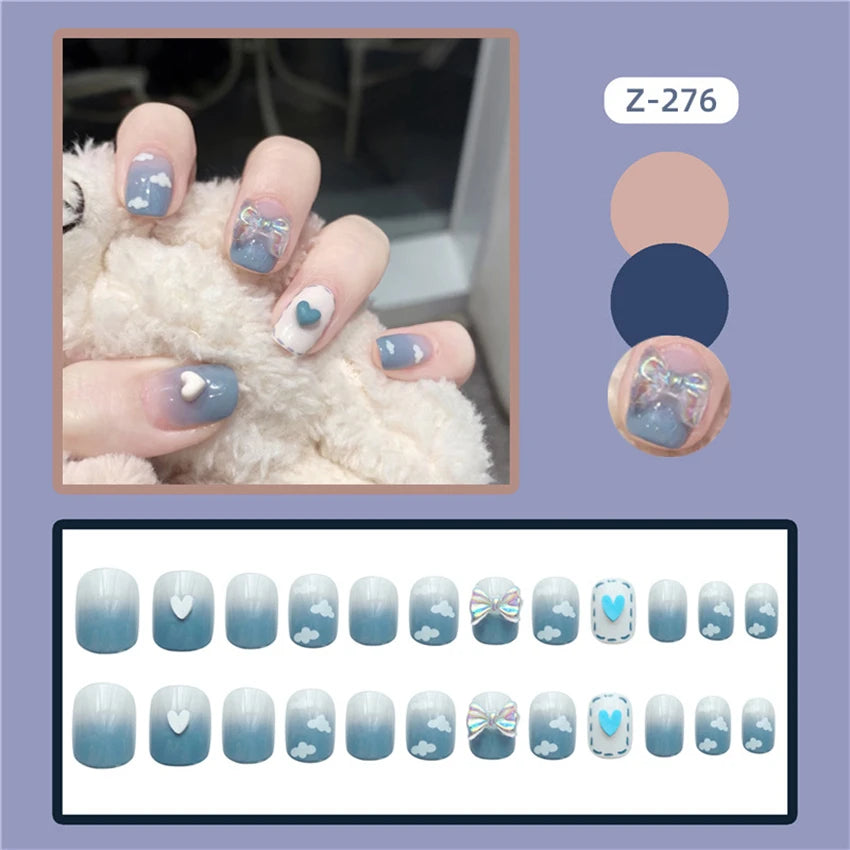 24Pcs/Set Wearing Short Fake Nails for Girls Press on Nail Tips Full Cover Acrylic with Diamonds False Nails Art Free Shipping