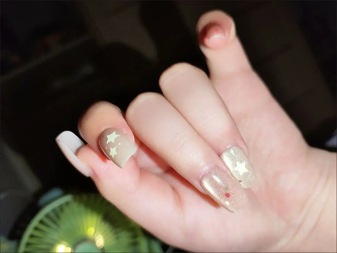 10pcs Cute False Short Nails Glossy Pink Star Press On Square Nails With Glitter Natural Unbreakable Wear For Girls Woman
