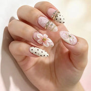Pink Peach Blossom Polka Dot Lace Gauze Gold Ring Bead Rhinestone Finished False Nail Wearable Press on Nails Manicure Fake Nail