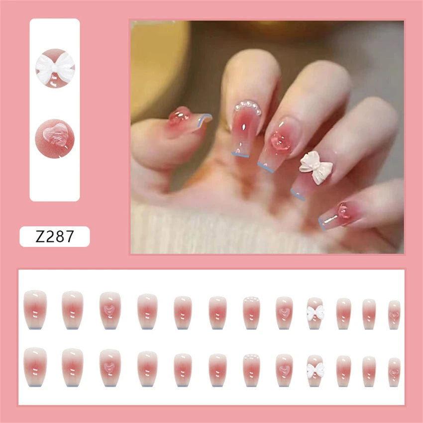 24Pcs/Set Wearing Short Fake Nails for Girls Press on Nail Tips Full Cover Acrylic with Diamonds False Nails Art Free Shipping