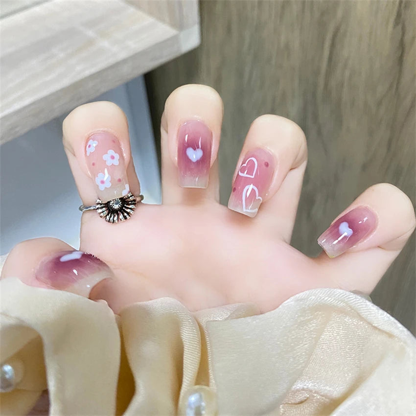 24Pcs/Set Wearing Short Fake Nails for Girls Press on Nail Tips Full Cover Acrylic with Diamonds False Nails Art Free Shipping