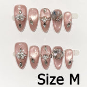 Handmade Almond Nail Art Silver Cat Eye Ink Wash Marble Sparkly Piled Rhinestone Black Chic False Nails Reusable Press on Nails