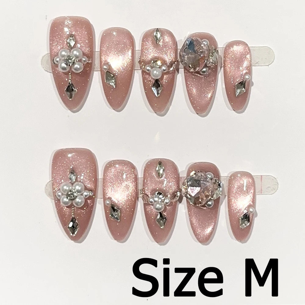 Handmade Almond Nail Art Silver Cat Eye Ink Wash Marble Sparkly Piled Rhinestone Black Chic False Nails Reusable Press on Nails