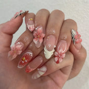 Pink Peach Blossom Polka Dot Lace Gauze Gold Ring Bead Rhinestone Finished False Nail Wearable Press on Nails Manicure Fake Nail