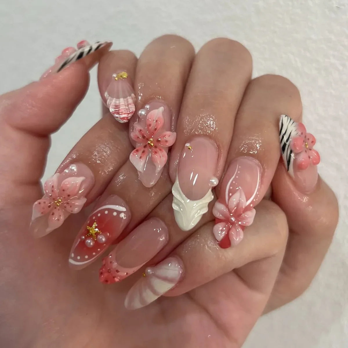Pink Peach Blossom Polka Dot Lace Gauze Gold Ring Bead Rhinestone Finished False Nail Wearable Press on Nails Manicure Fake Nail