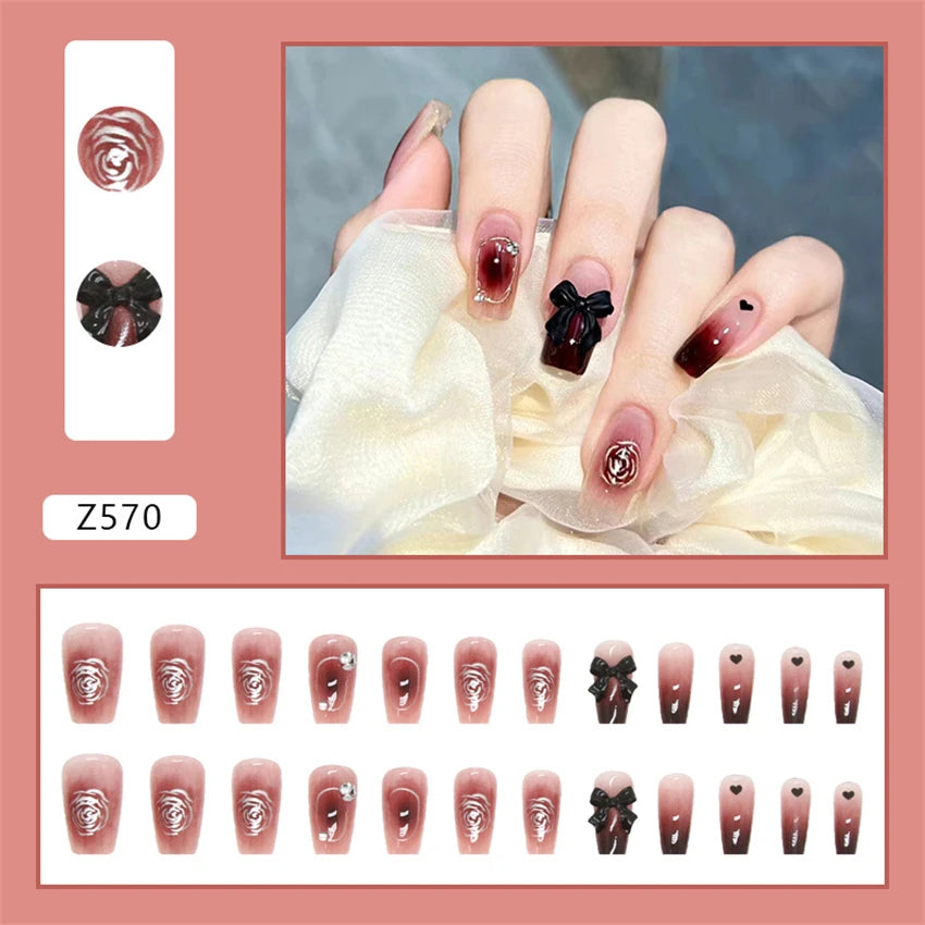 24Pcs/Set Wearing Short Fake Nails for Girls Press on Nail Tips Full Cover Acrylic with Diamonds False Nails Art Free Shipping