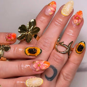 24PCS Tropical Green Polka Dots French False Nails 3D Pink Flowers with Silver Swirl Patterns Almond Press on Nails High Quality