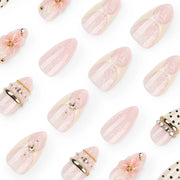 Pink Peach Blossom Polka Dot Lace Gauze Gold Ring Bead Rhinestone Finished False Nail Wearable Press on Nails Manicure Fake Nail