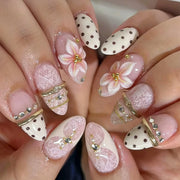 Blue Ink Wash Painting Lycoris Lily Classical Gold Curve Line Finished False Nail Press on Nail Manicure Fake Nail