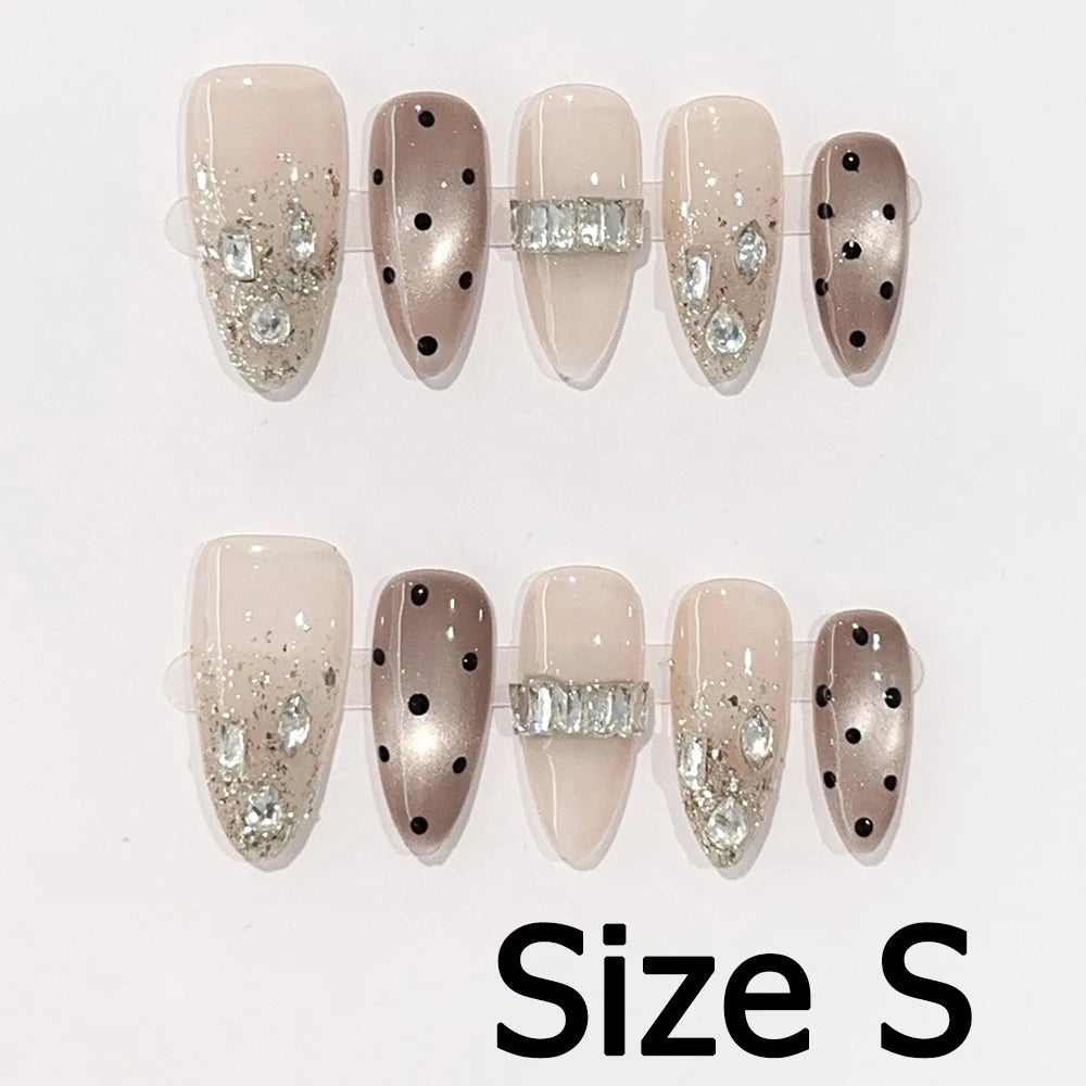 Handmade Almond Nail Art Silver Cat Eye Ink Wash Marble Sparkly Piled Rhinestone Black Chic False Nails Reusable Press on Nails