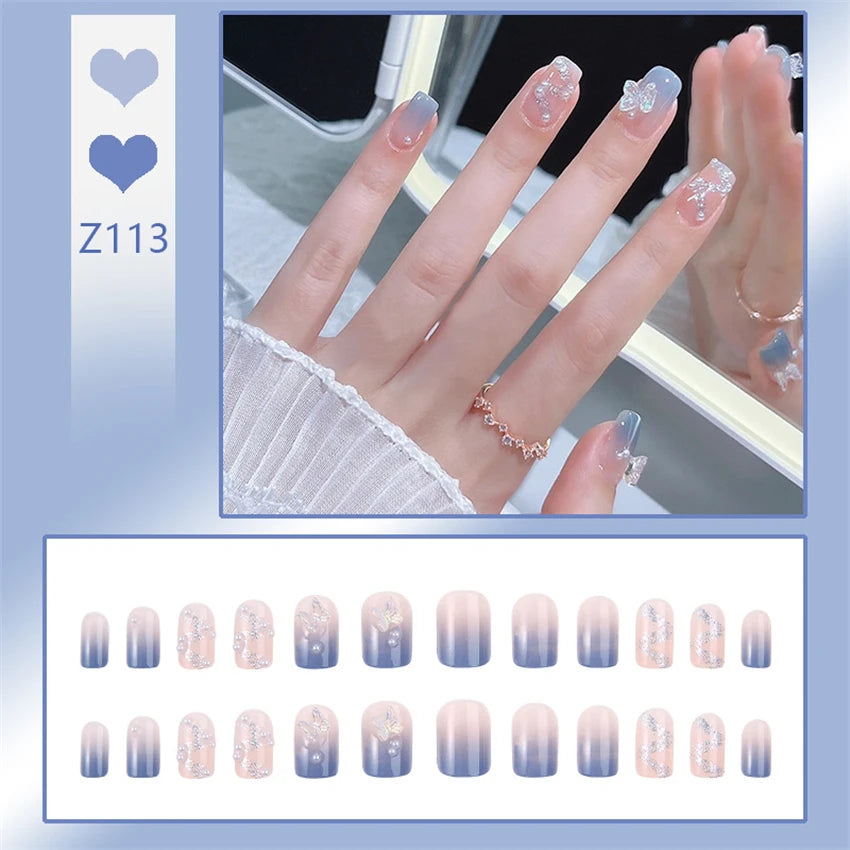 24Pcs/Set Wearing Short Fake Nails for Girls Press on Nail Tips Full Cover Acrylic with Diamonds False Nails Art Free Shipping