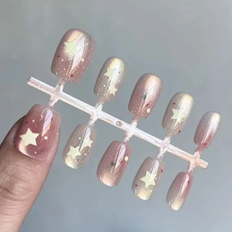 10pcs Cute False Short Nails Glossy Pink Star Press On Square Nails With Glitter Natural Unbreakable Wear For Girls Woman