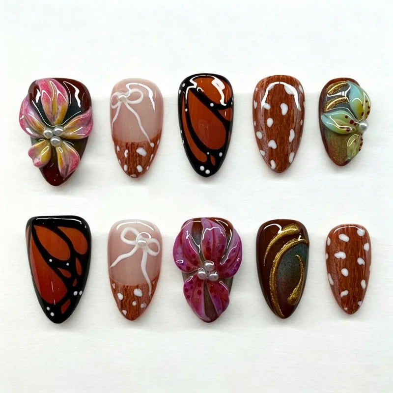 24PCS Tropical Green Polka Dots French False Nails 3D Pink Flowers with Silver Swirl Patterns Almond Press on Nails High Quality