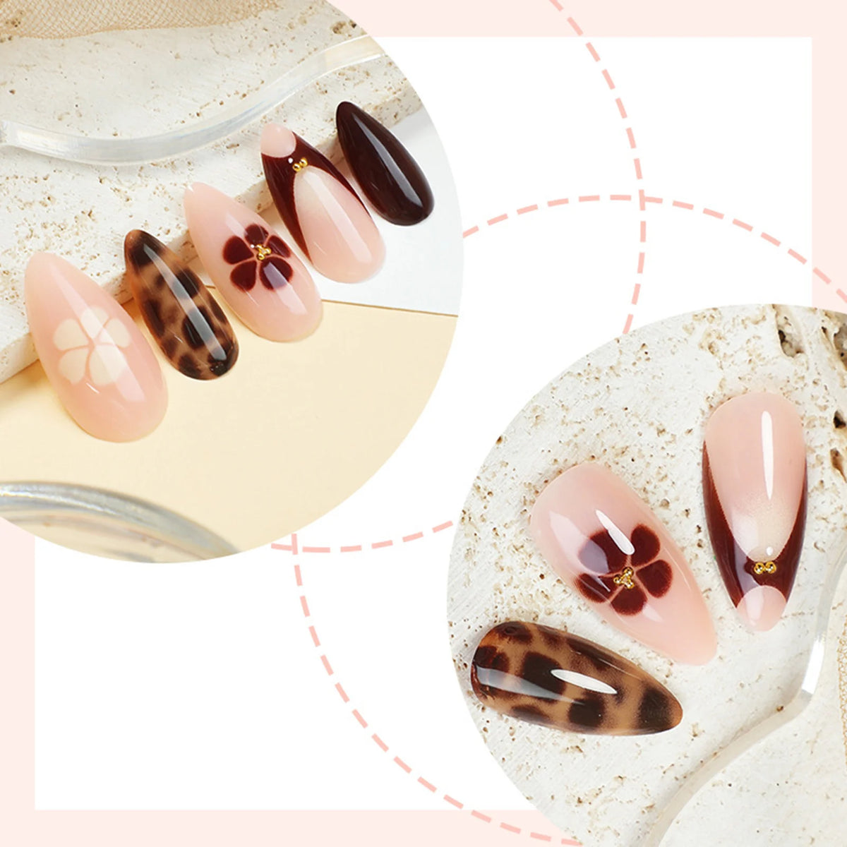 Fake Nails Leopard Print Almond Shape for Women Reusable Press on Artificial Nail Tips Full Cover Manicure Kit 24pcs Set BU