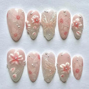24pcs Pink Flower Almond Press on Nails Kawaii False Nails Wearable Stick-on Nails Fake Nail