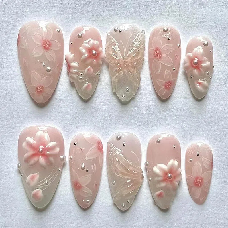 24pcs Pink Flower Almond Press on Nails Kawaii False Nails Wearable Stick-on Nails Fake Nail