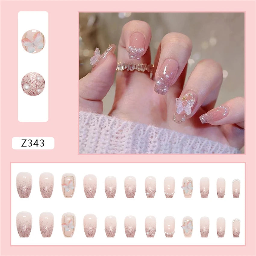 24Pcs/Set Wearing Short Fake Nails for Girls Press on Nail Tips Full Cover Acrylic with Diamonds False Nails Art Free Shipping