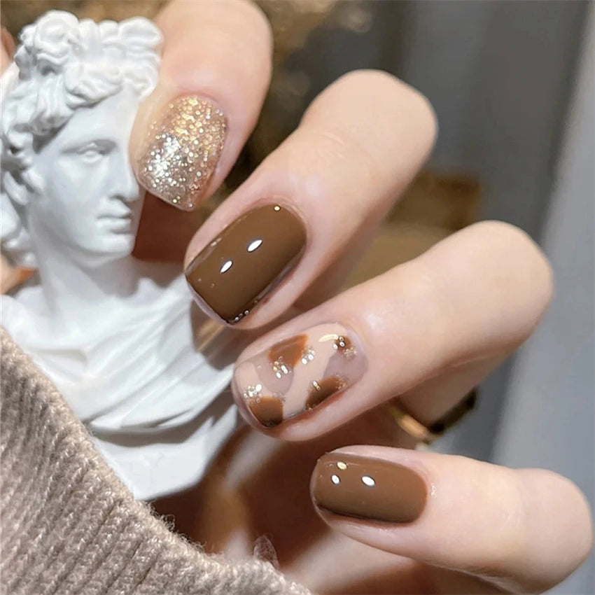 24Pcs/Set Wearing Short Fake Nails for Girls Press on Nail Tips Full Cover Acrylic with Diamonds False Nails Art Free Shipping