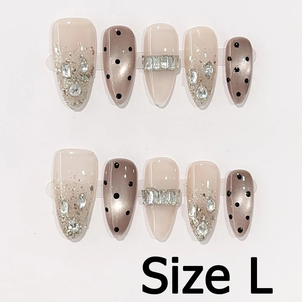 Handmade Almond Nail Art Silver Cat Eye Ink Wash Marble Sparkly Piled Rhinestone Black Chic False Nails Reusable Press on Nails