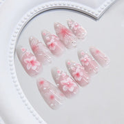 24pcs Pink Flower Almond Press on Nails Kawaii False Nails Wearable Stick-on Nails Fake Nail
