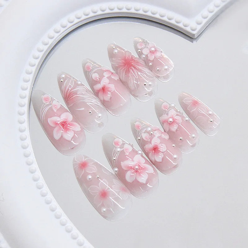24pcs Pink Flower Almond Press on Nails Kawaii False Nails Wearable Stick-on Nails Fake Nail