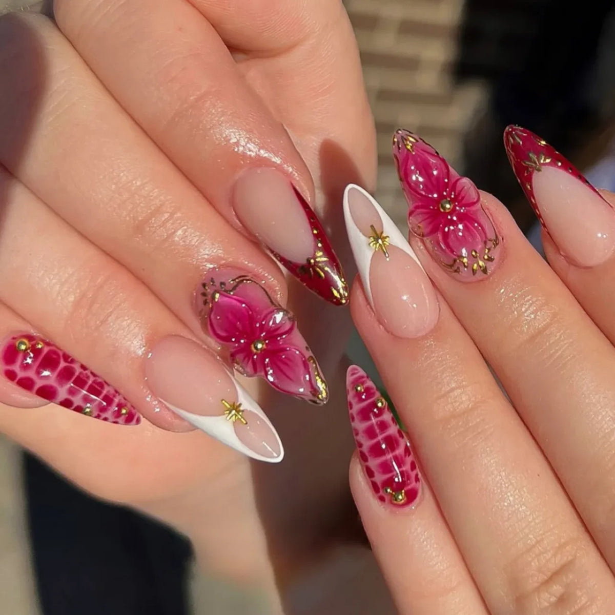 Pink Peach Blossom Polka Dot Lace Gauze Gold Ring Bead Rhinestone Finished False Nail Wearable Press on Nails Manicure Fake Nail