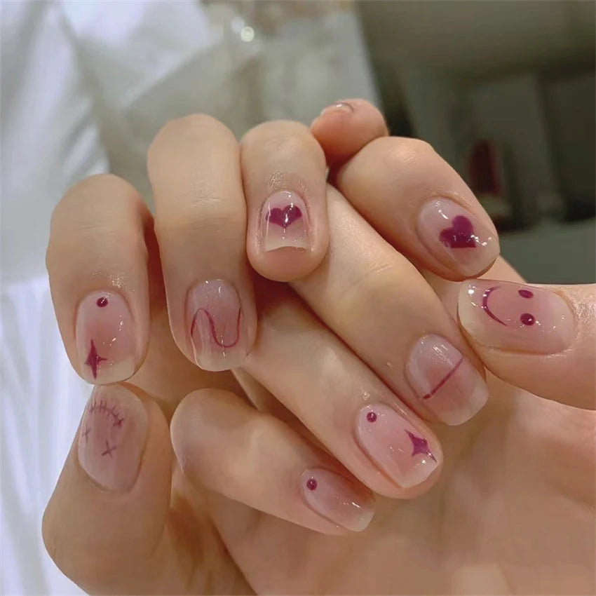 24Pcs/Set Wearing Short Fake Nails for Girls Press on Nail Tips Full Cover Acrylic with Diamonds False Nails Art Free Shipping
