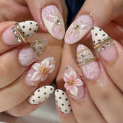 Blue Ink Wash Painting Lycoris Lily Classical Gold Curve Line Finished False Nail Press on Nail Manicure Fake Nail
