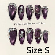 Handmade Almond Nail Art Silver Cat Eye Ink Wash Marble Sparkly Piled Rhinestone Black Chic False Nails Reusable Press on Nails