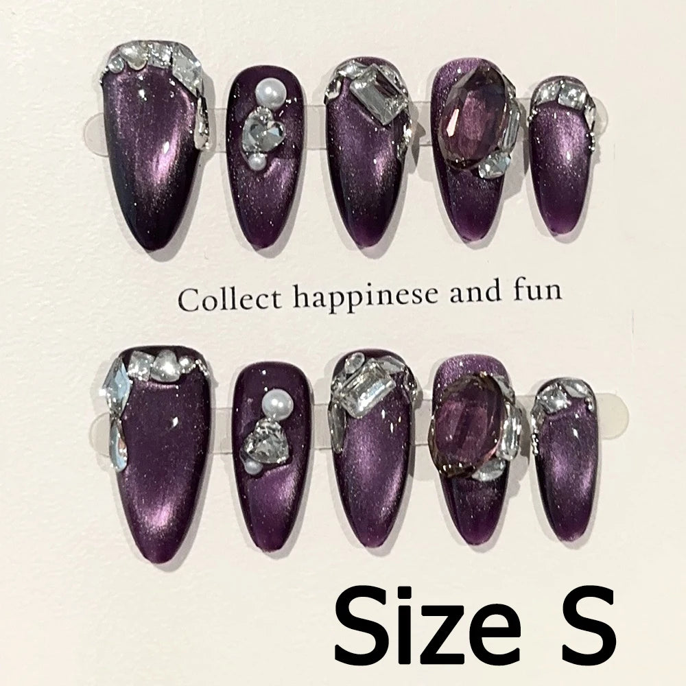 Handmade Almond Nail Art Silver Cat Eye Ink Wash Marble Sparkly Piled Rhinestone Black Chic False Nails Reusable Press on Nails