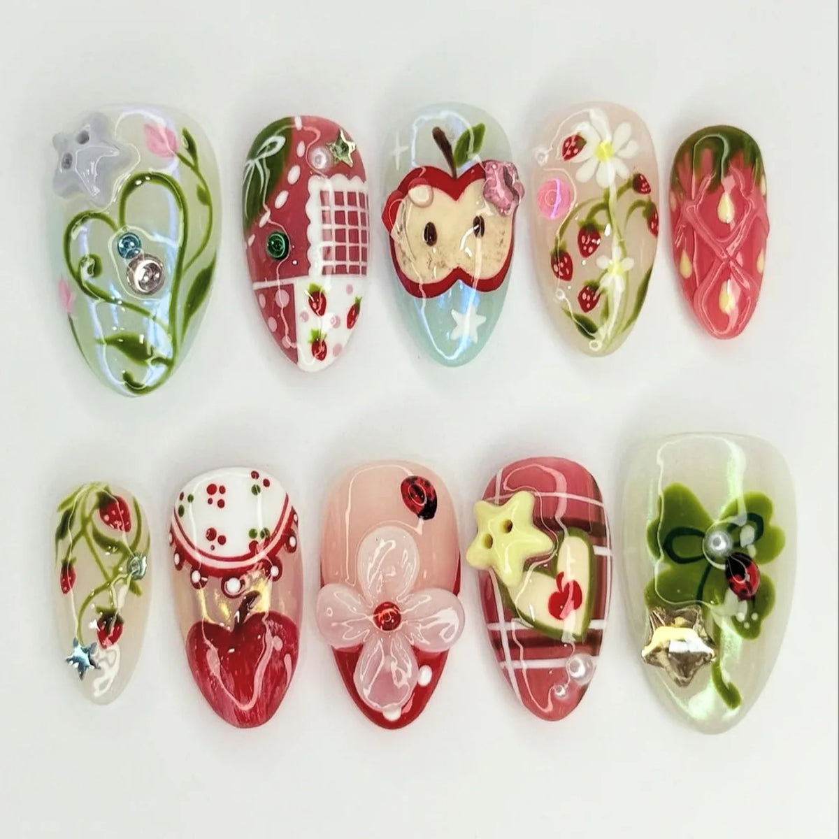 24PCS Tropical Green Polka Dots French False Nails 3D Pink Flowers with Silver Swirl Patterns Almond Press on Nails High Quality