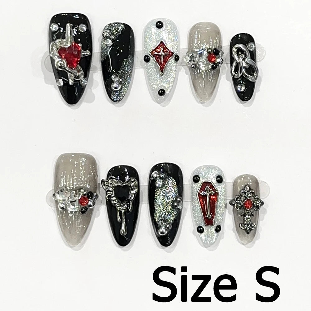 Handmade Almond Nail Art Silver Cat Eye Ink Wash Marble Sparkly Piled Rhinestone Black Chic False Nails Reusable Press on Nails