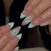 Blue Ink Wash Painting Lycoris Lily Classical Gold Curve Line Finished False Nail Press on Nail Manicure Fake Nail