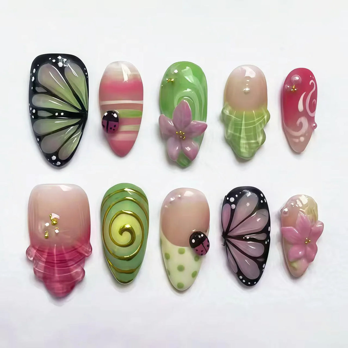 24PCS Pastoral Style Daisies Almond Press on Nails with Glue Sweet Ladybugs Green Plaid Pink Flowers French False Nails Wearable