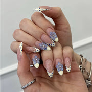 Blue Ink Wash Painting Lycoris Lily Classical Gold Curve Line Finished False Nail Press on Nail Manicure Fake Nail