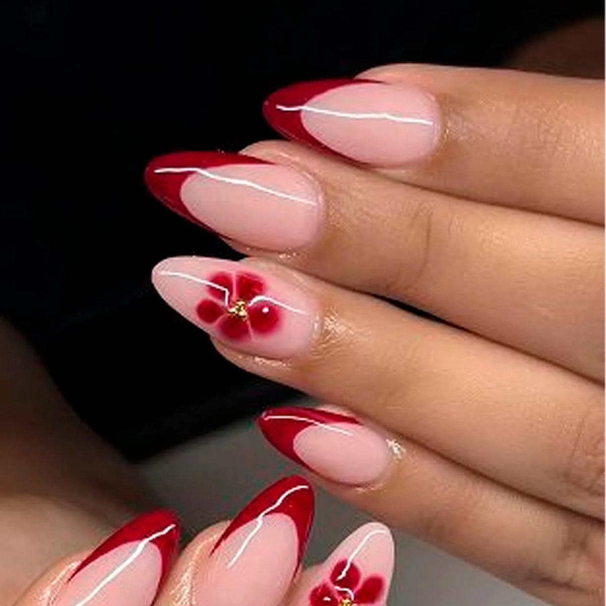 Pink Peach Blossom Polka Dot Lace Gauze Gold Ring Bead Rhinestone Finished False Nail Wearable Press on Nails Manicure Fake Nail