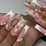 Pink Peach Blossom Polka Dot Lace Gauze Gold Ring Bead Rhinestone Finished False Nail Wearable Press on Nails Manicure Fake Nail