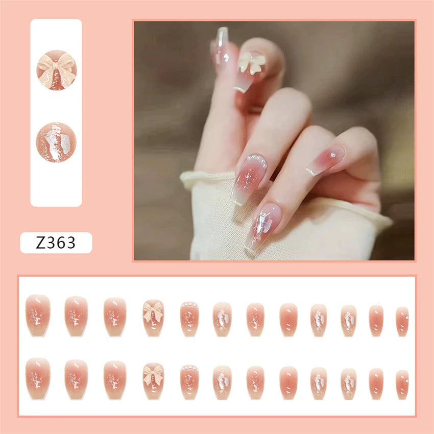 24Pcs/Set Wearing Short Fake Nails for Girls Press on Nail Tips Full Cover Acrylic with Diamonds False Nails Art Free Shipping