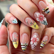 24PCS Tropical Green Polka Dots French False Nails 3D Pink Flowers with Silver Swirl Patterns Almond Press on Nails High Quality