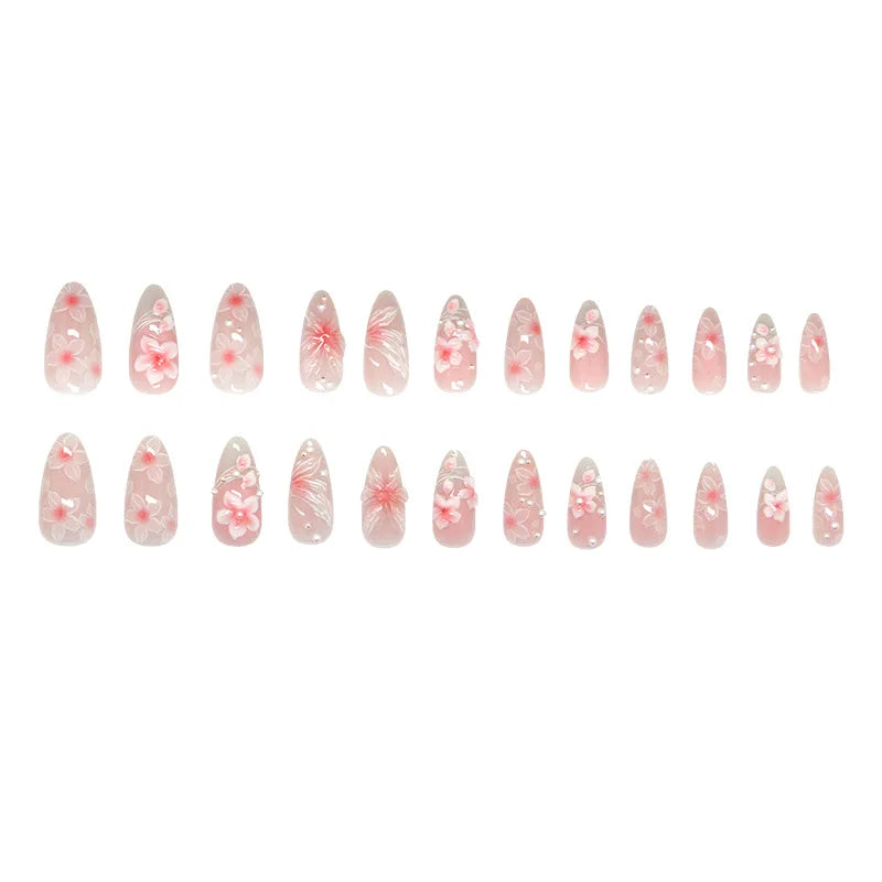 24pcs Pink Flower Almond Press on Nails Kawaii False Nails Wearable Stick-on Nails Fake Nail