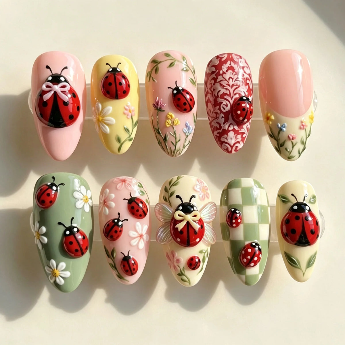 24PCS Tropical Green Polka Dots French False Nails 3D Pink Flowers with Silver Swirl Patterns Almond Press on Nails High Quality