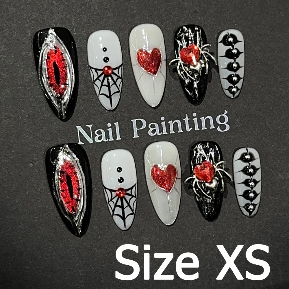 Handmade Almond Nail Art Silver Cat Eye Ink Wash Marble Sparkly Piled Rhinestone Black Chic False Nails Reusable Press on Nails