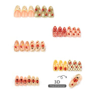 24PCS Pastoral Style Daisies Almond Press on Nails with Glue Sweet Ladybugs Green Plaid Pink Flowers French False Nails Wearable