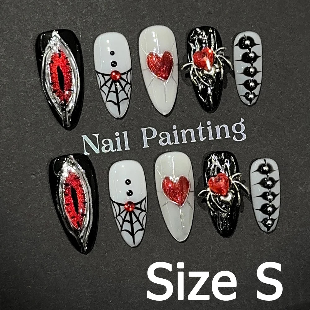Handmade Almond Nail Art Silver Cat Eye Ink Wash Marble Sparkly Piled Rhinestone Black Chic False Nails Reusable Press on Nails
