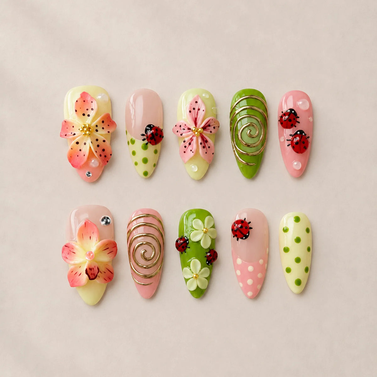 24PCS Tropical Green Polka Dots French False Nails 3D Pink Flowers with Silver Swirl Patterns Almond Press on Nails High Quality