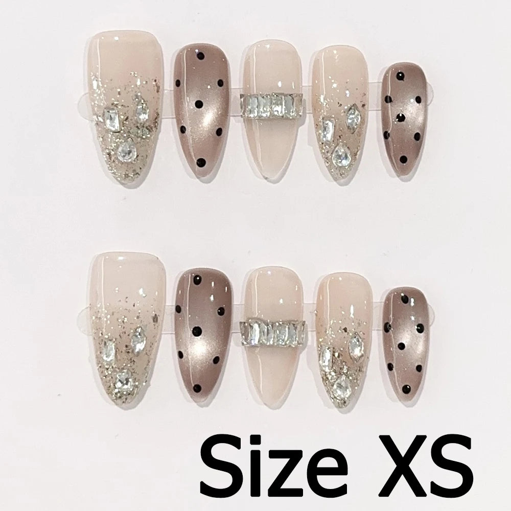 Handmade Almond Nail Art Silver Cat Eye Ink Wash Marble Sparkly Piled Rhinestone Black Chic False Nails Reusable Press on Nails